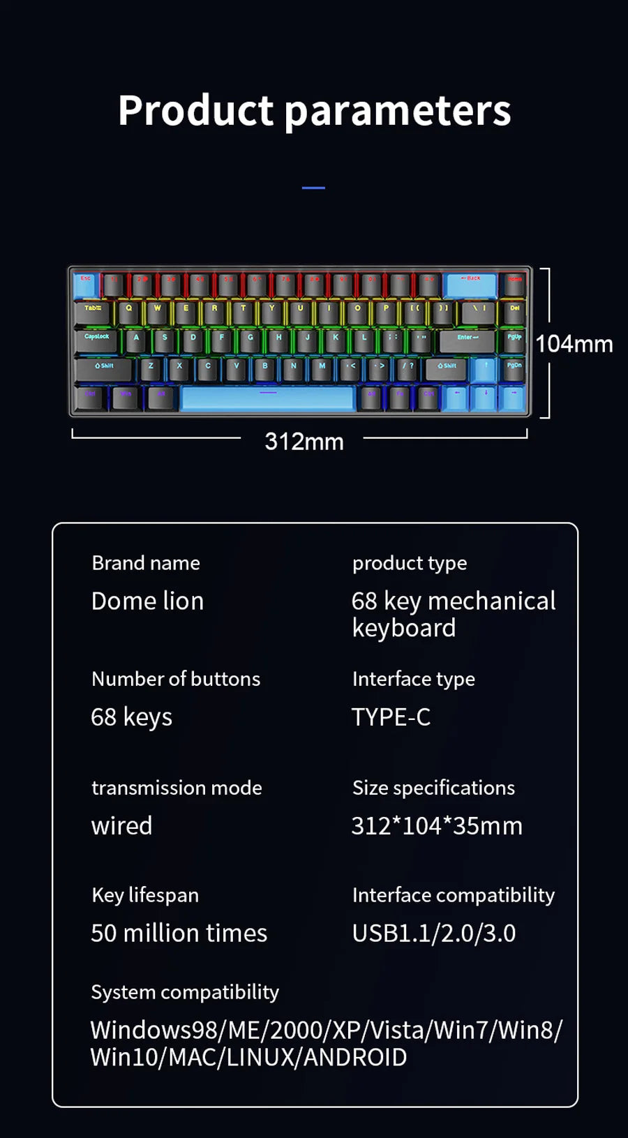 Teclado Mecânico K68 com Fio e Iluminação RGB