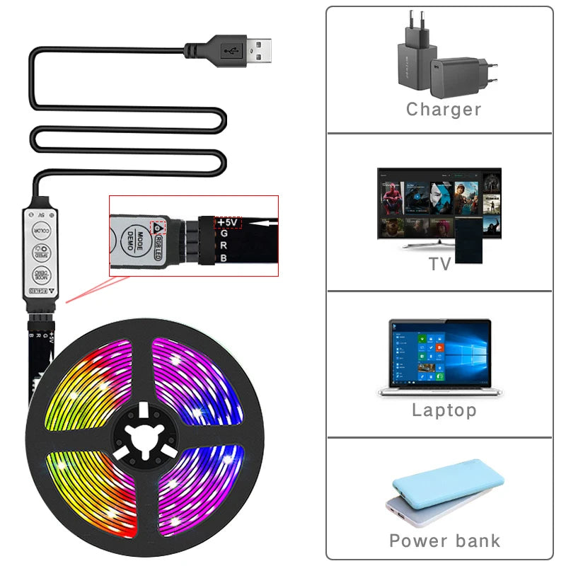 LED TV Backlight Strip – USB 5V, 3-Key Control, Flexible Tape Light for Home & Party