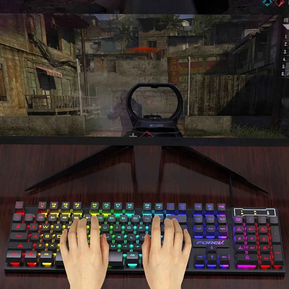 Teclado Mecânico com Iluminação 104 Teclas e Mouse Gamer USB