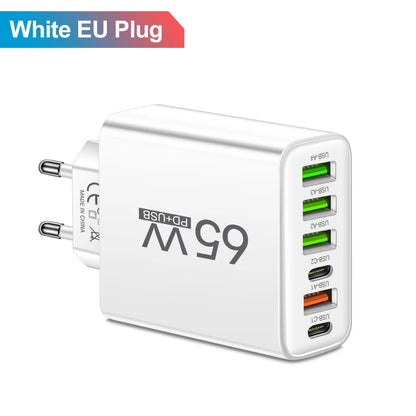 65W 6-in-1 Fast Wall Charger – 4 USB &amp; 2 Type-C Ports for iPhone, Samsung, Xiaomi, Huawei, Oppo