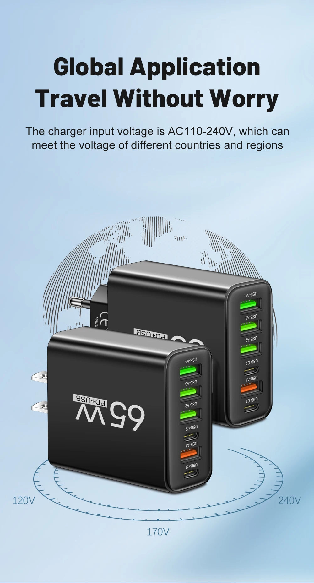 65W 6-in-1 Fast Wall Charger – 4 USB &amp; 2 Type-C Ports for iPhone, Samsung, Xiaomi, Huawei, Oppo