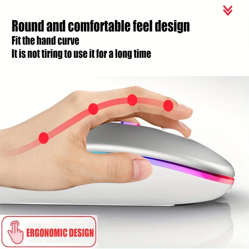 Wireless Mouse with Bluetooth and 2.4GHz, Rechargeable, RGB, Silent Click and Ergonomic Design