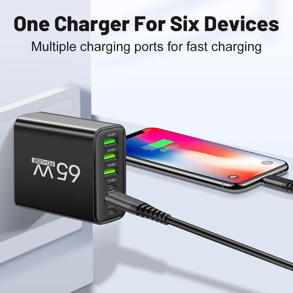 65W 6-in-1 Fast Wall Charger – 4 USB &amp; 2 Type-C Ports for iPhone, Samsung, Xiaomi, Huawei, Oppo