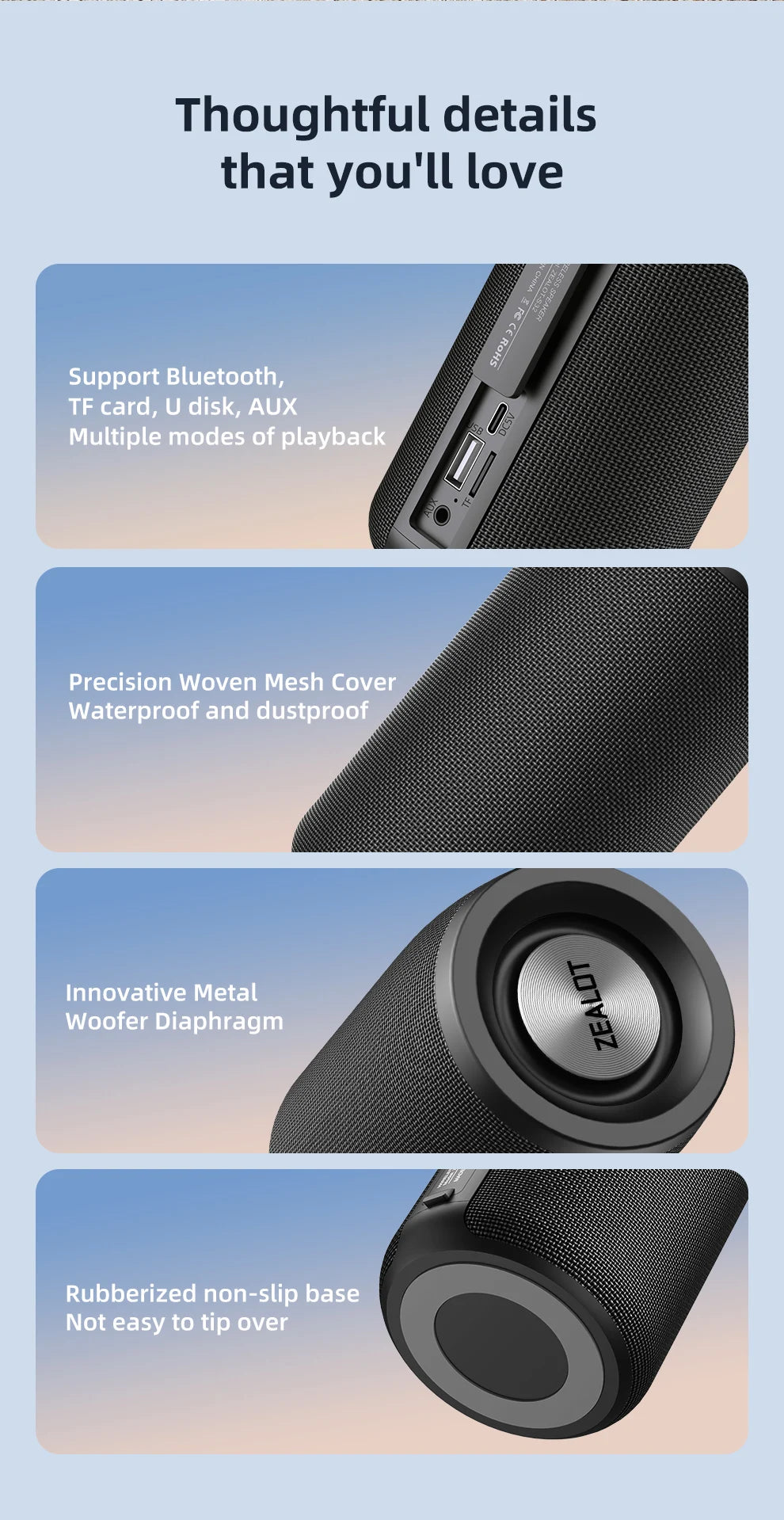 ZEALOT-S32 Portable Speaker – Mini Bluetooth, HiFi Bass, FM, TF, USB, TWS