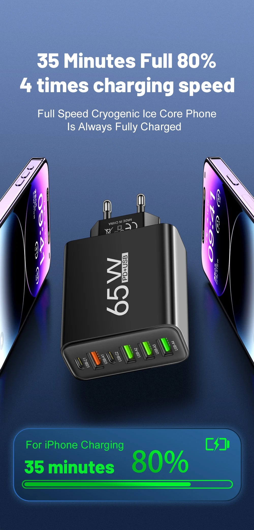 65W 6-in-1 Fast Wall Charger – 4 USB &amp; 2 Type-C Ports for iPhone, Samsung, Xiaomi, Huawei, Oppo