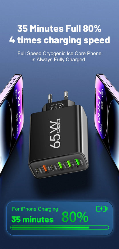65W 6-in-1 Fast Wall Charger – 4 USB &amp; 2 Type-C Ports for iPhone, Samsung, Xiaomi, Huawei, Oppo