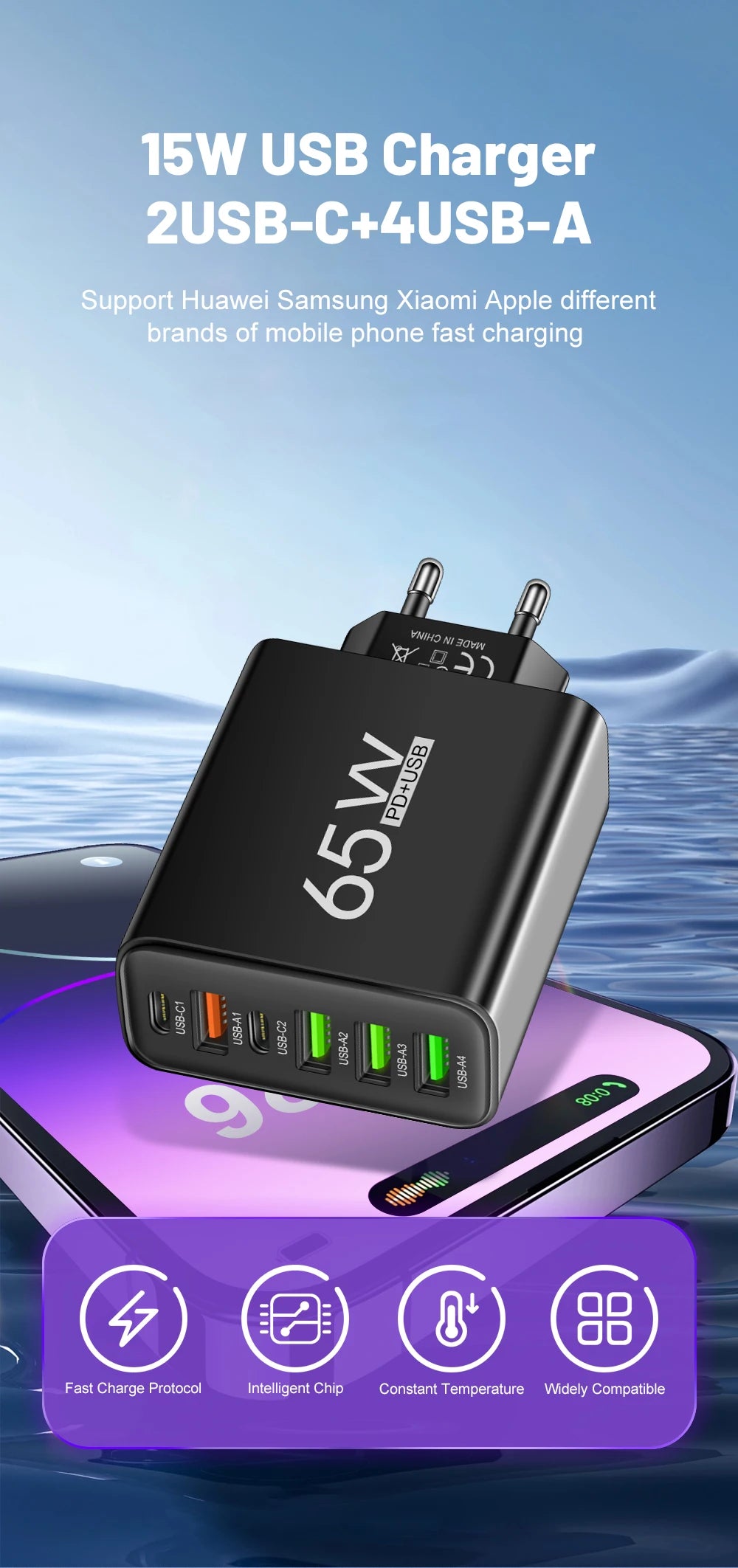 65W 6-in-1 Fast Wall Charger – 4 USB &amp; 2 Type-C Ports for iPhone, Samsung, Xiaomi, Huawei, Oppo