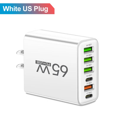 65W 6-in-1 Fast Wall Charger – 4 USB &amp; 2 Type-C Ports for iPhone, Samsung, Xiaomi, Huawei, Oppo