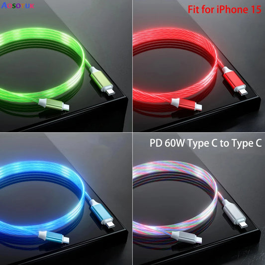 Cable LED PD 60W USB Type C to USB C Cable for iPhone Xiaomi Huawei