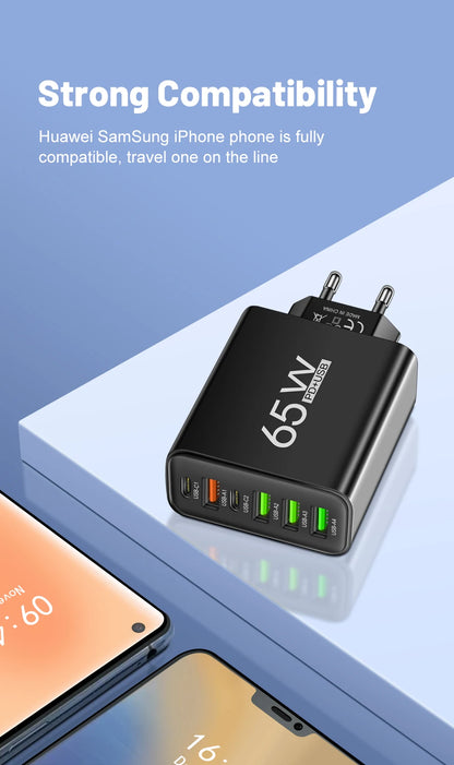 65W 6-in-1 Fast Wall Charger – 4 USB &amp; 2 Type-C Ports for iPhone, Samsung, Xiaomi, Huawei, Oppo