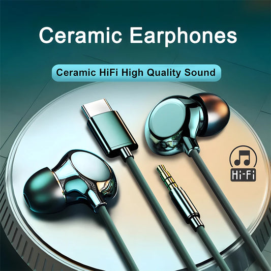 Wired Ceramic Earbuds – HiFi Stereo, Mic, USB-C/3.5mm for iPhone 15, Android Phones