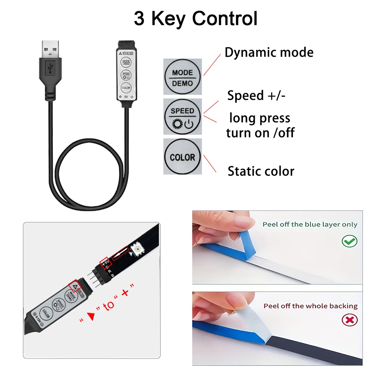 LED TV Backlight Strip – USB 5V, 3-Key Control, Flexible Tape Light for Home &amp; Party