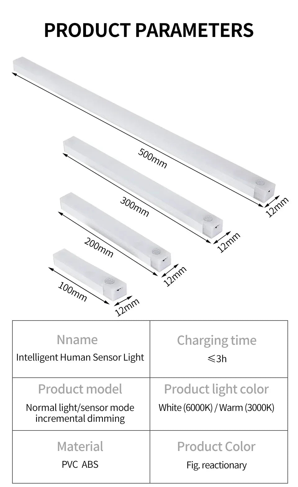PIR LED Bar Light – USB Rechargeable, Motion Sensor, for Cabinet/Night Use