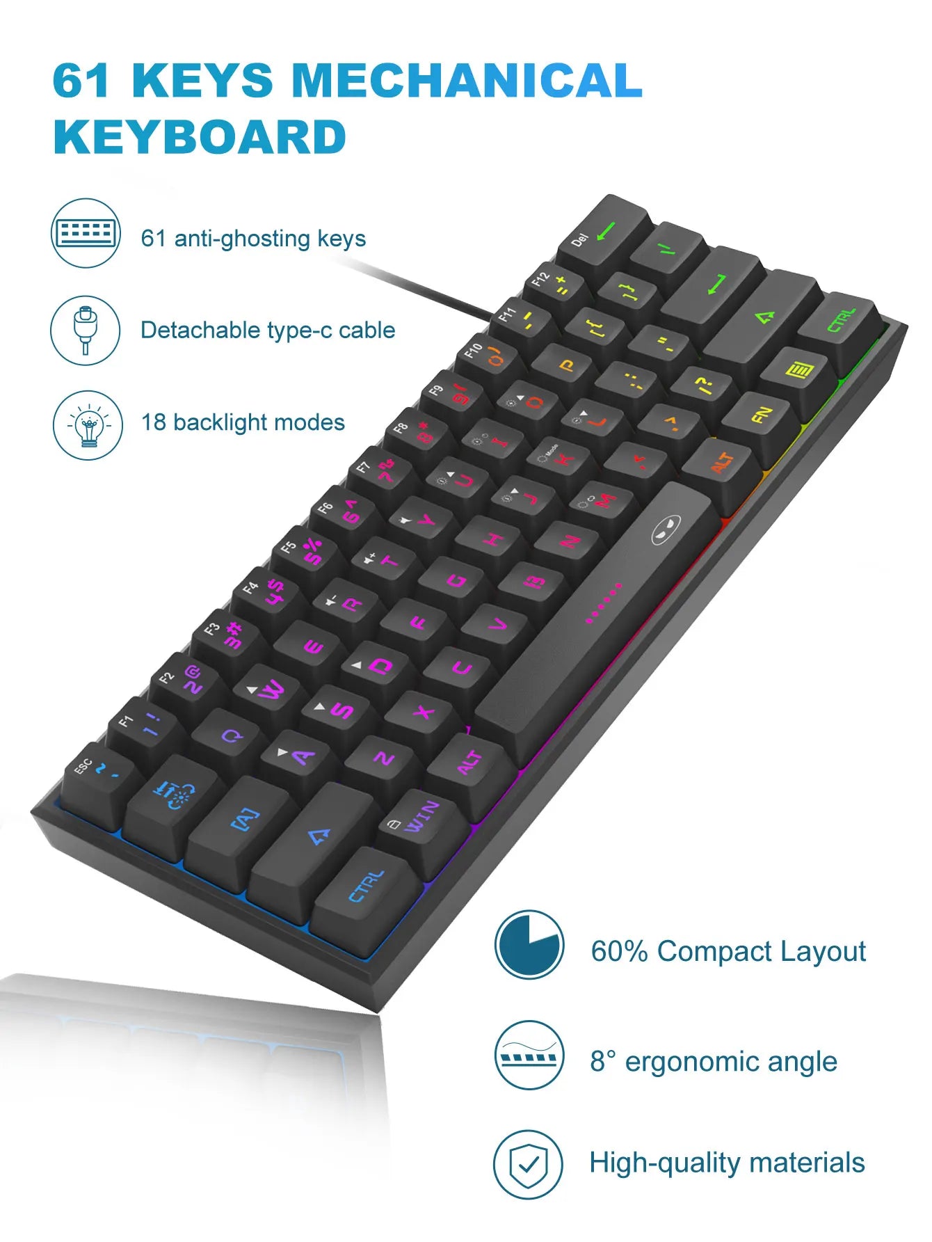 Teclado Compacto MageGee 60% com Iluminação RGB – Ideal para Jogos, Escritório e Espaços Reduzidos