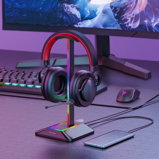 Suporte RGB para Headset Gamer – Base Antiderrapante e 2 Portas USB