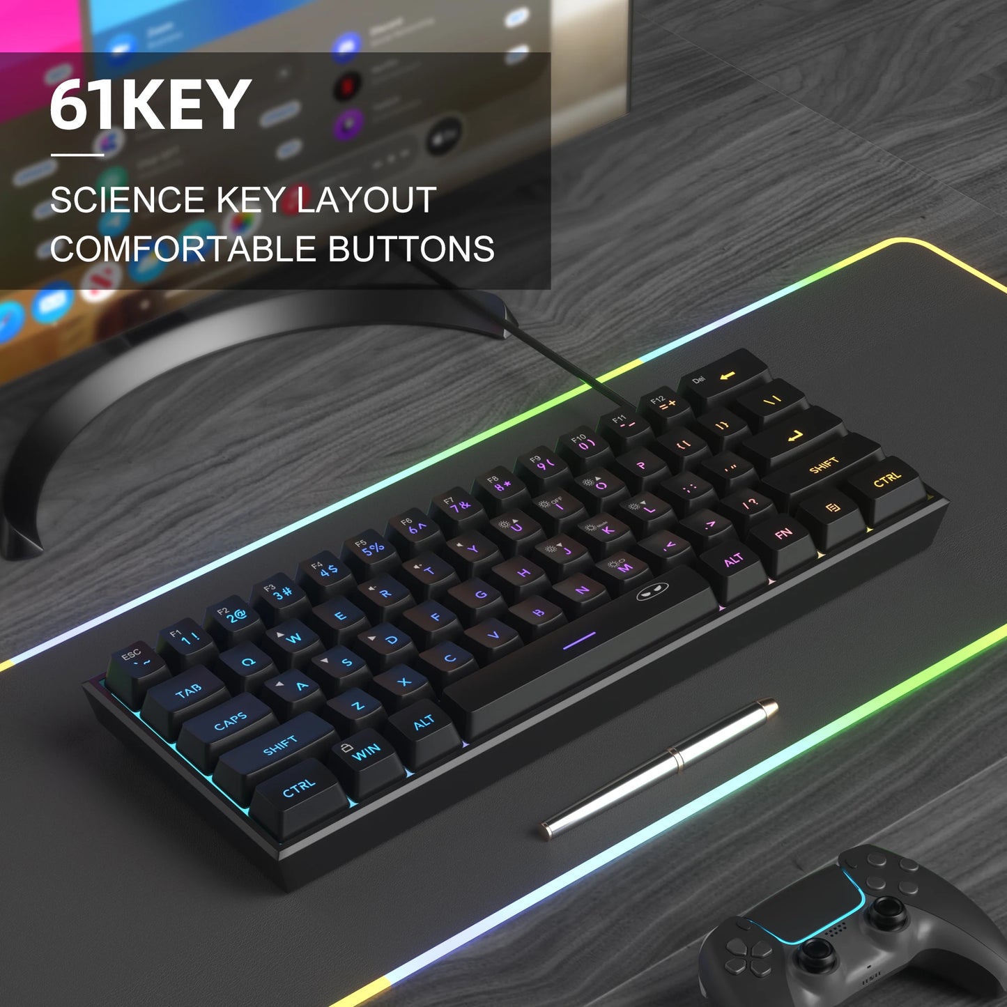 Teclado Compacto MageGee 60% com Iluminação RGB – Ideal para Jogos, Escritório e Espaços Reduzidos