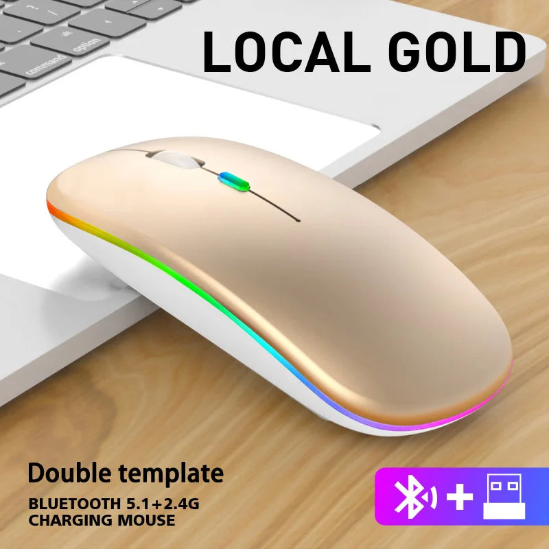 Wireless Mouse with Bluetooth and 2.4GHz, Rechargeable, RGB, Silent Click and Ergonomic Design