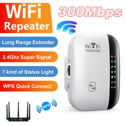 WiFi Extender 300Mbps – Long Range Booster with WPS &amp; 7 LED Status