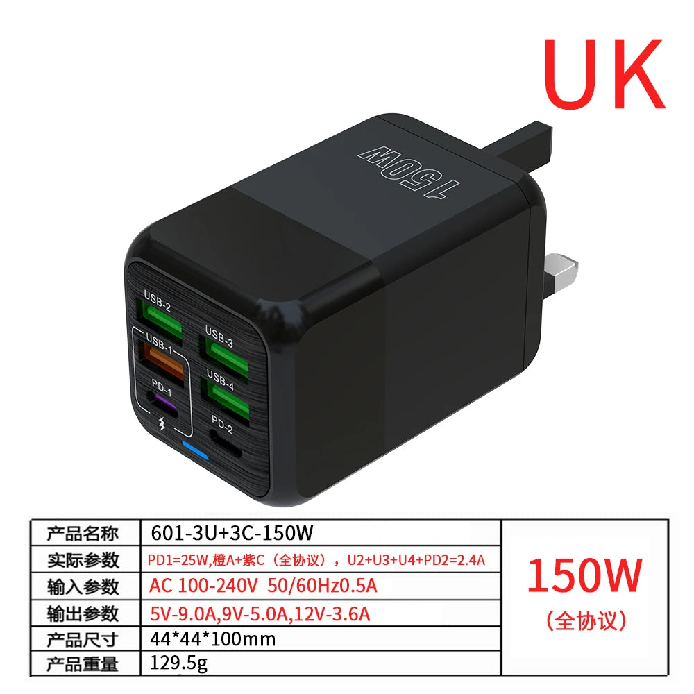 150W 6-Port USB-C PD QC 4.0 Charger