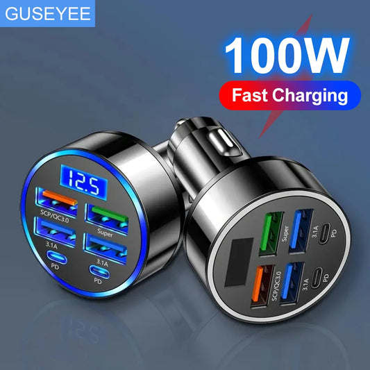 100W 6-Port Car Charger – Fast PD & QC3.0 USB-C Adapter for iPhone, Samsung, Huawei, Xiaomi