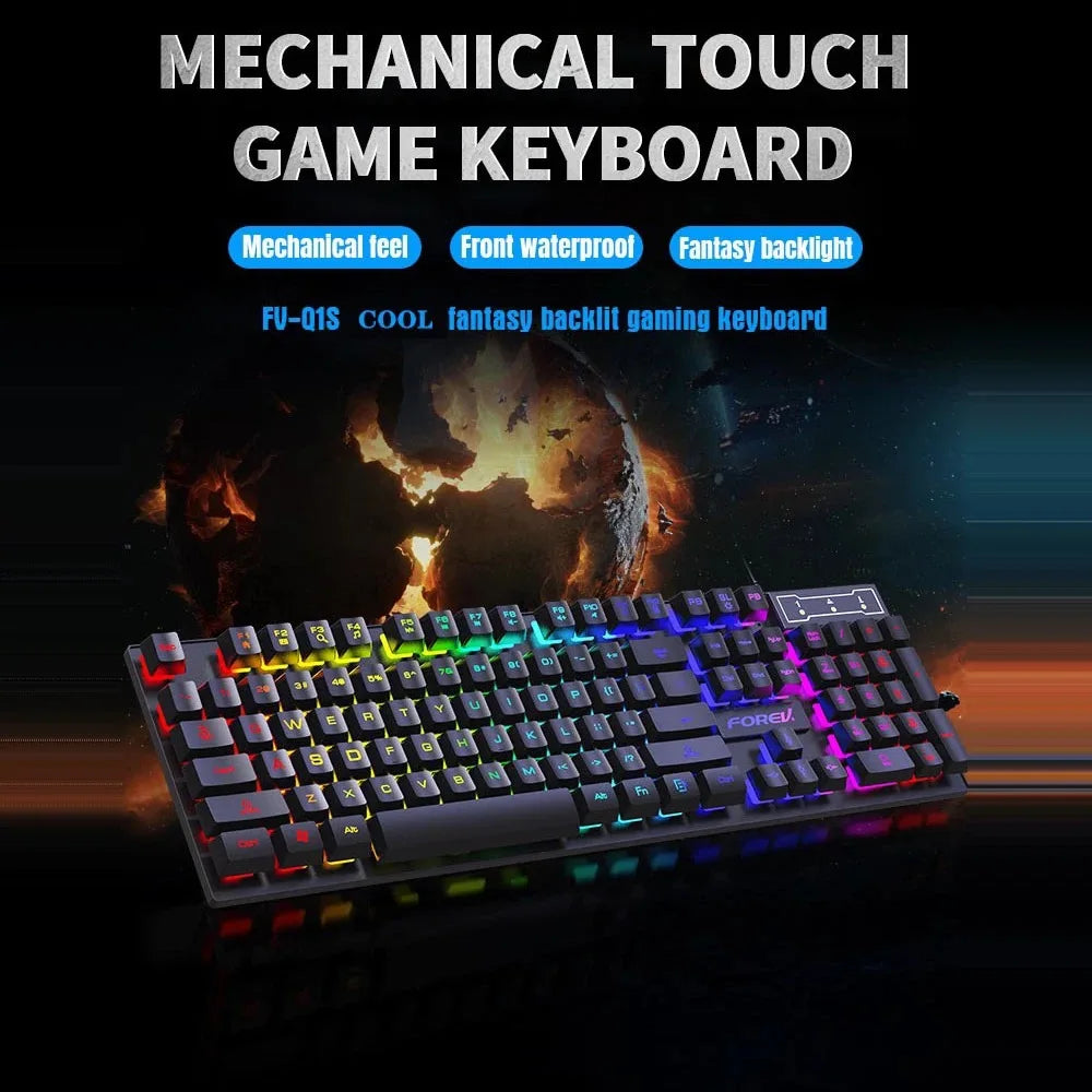 Teclado Mecânico com Iluminação 104 Teclas e Mouse Gamer USB