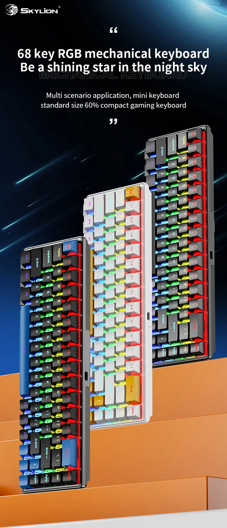 Teclado Mecânico K68 com Fio e Iluminação RGB