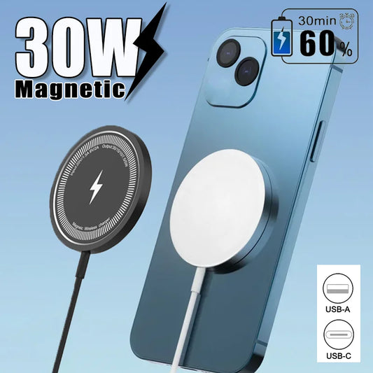 30W Magnetic Wireless Charger Pad – Fast Charging Stand for iPhone, AirPods & USB-A