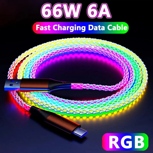 RGB LED USB-C Cable 66W – Super Fast Charging for iPhone & Android Devices