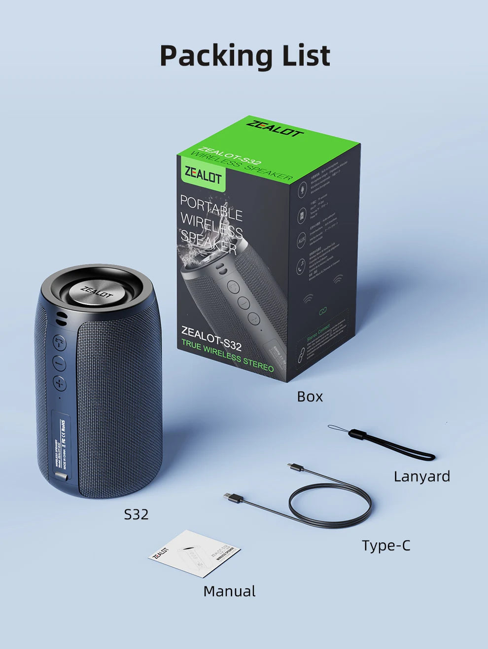 ZEALOT-S32 Portable Speaker – Mini Bluetooth, HiFi Bass, FM, TF, USB, TWS