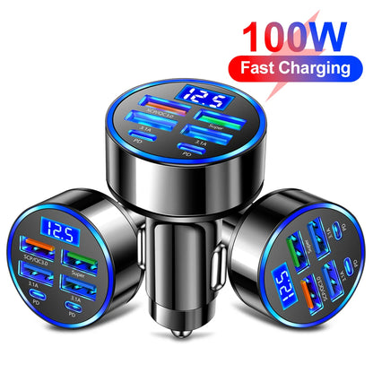 100W 6-Port Car Charger – Fast PD &amp; QC3.0 USB-C Adapter for iPhone, Samsung, Huawei, Xiaomi