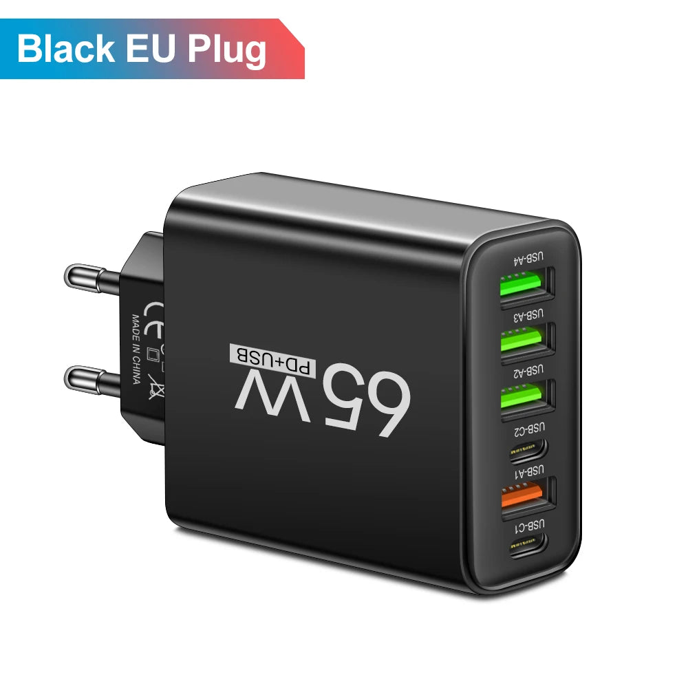65W 6-in-1 Fast Wall Charger – 4 USB &amp; 2 Type-C Ports for iPhone, Samsung, Xiaomi, Huawei, Oppo