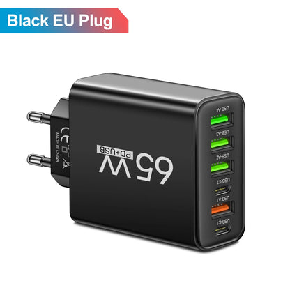 65W 6-in-1 Fast Wall Charger – 4 USB &amp; 2 Type-C Ports for iPhone, Samsung, Xiaomi, Huawei, Oppo