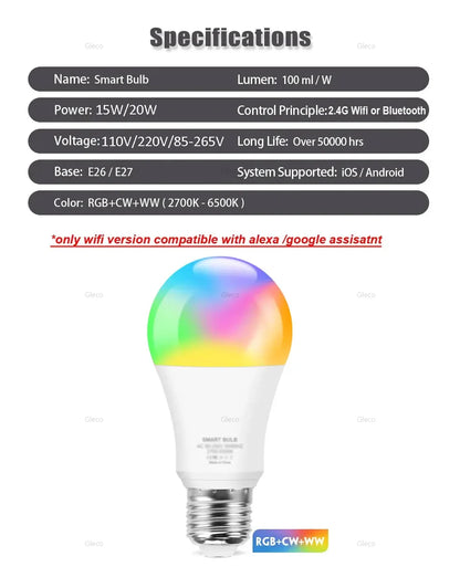 Tuya Smart LED Bulb – WiFi/Bluetooth, RGB E27, Alexa &amp; Google Assistant Compatible