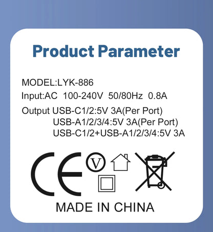 65W 6-in-1 Fast Wall Charger – 4 USB &amp; 2 Type-C Ports for iPhone, Samsung, Xiaomi, Huawei, Oppo