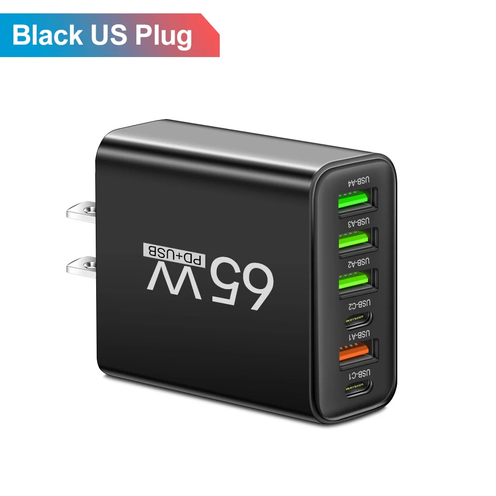 65W 6-in-1 Fast Wall Charger – 4 USB &amp; 2 Type-C Ports for iPhone, Samsung, Xiaomi, Huawei, Oppo