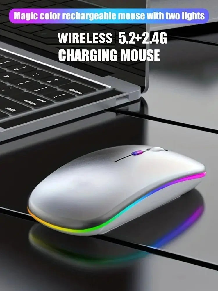 Wireless Mouse with Bluetooth and 2.4GHz, Rechargeable, RGB, Silent Click and Ergonomic Design