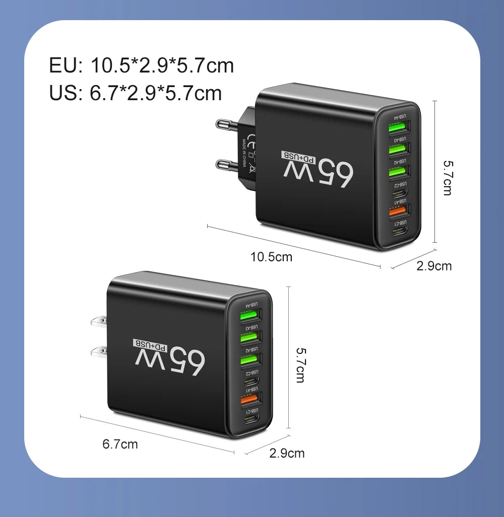 65W 6-in-1 Fast Wall Charger – 4 USB &amp; 2 Type-C Ports for iPhone, Samsung, Xiaomi, Huawei, Oppo