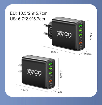 65W 6-in-1 Fast Wall Charger – 4 USB &amp; 2 Type-C Ports for iPhone, Samsung, Xiaomi, Huawei, Oppo