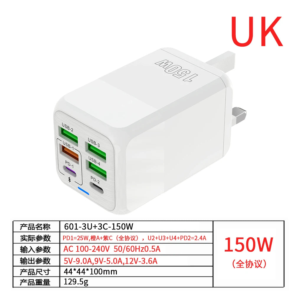 150W 6-Port USB-C PD QC 4.0 Charger