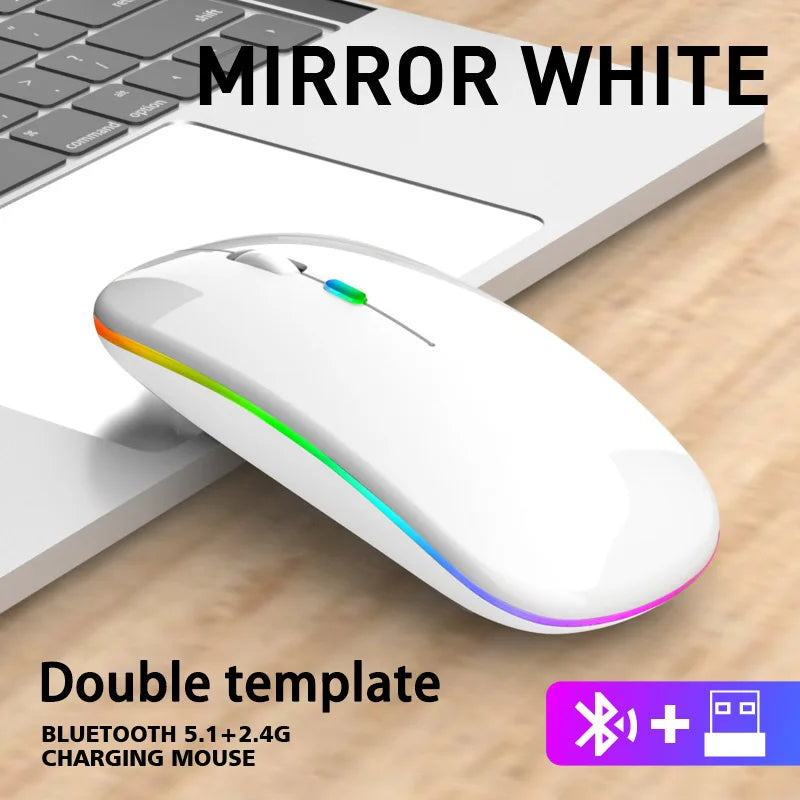 Wireless Mouse with Bluetooth and 2.4GHz, Rechargeable, RGB, Silent Click and Ergonomic Design