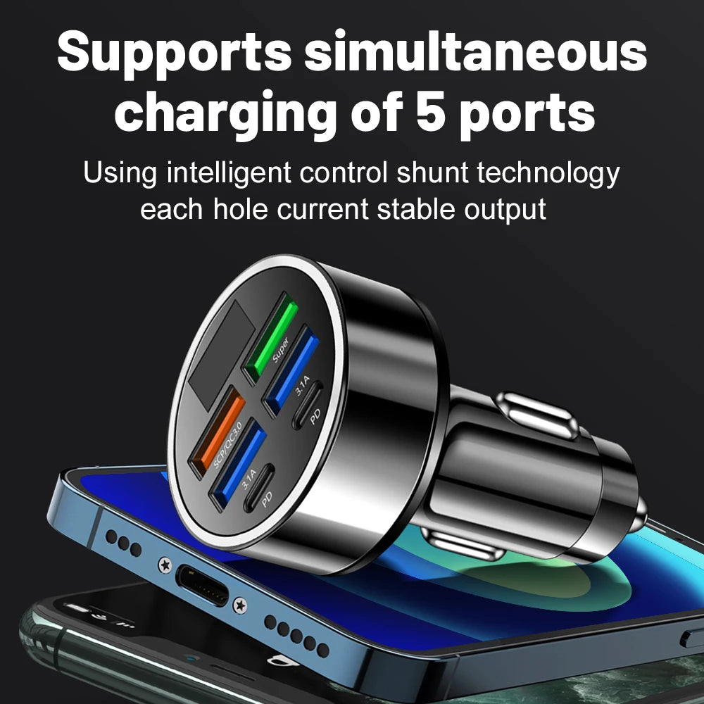 100W 6-Port Car Charger – Fast PD &amp; QC3.0 USB-C Adapter for iPhone, Samsung, Huawei, Xiaomi