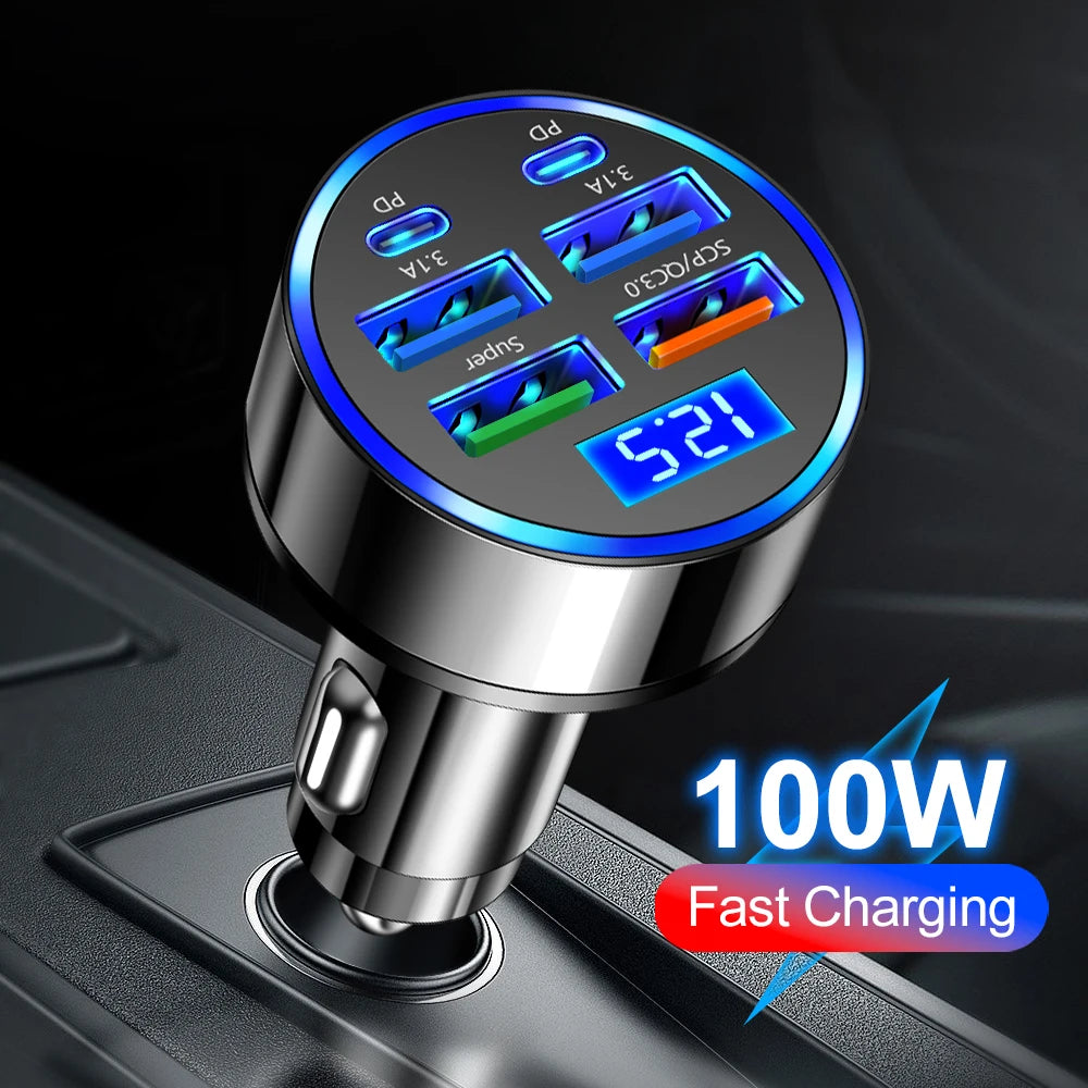 100W 6-Port Car Charger – Fast PD &amp; QC3.0 USB-C Adapter for iPhone, Samsung, Huawei, Xiaomi