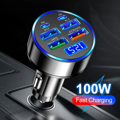 100W 6-Port Car Charger – Fast PD &amp; QC3.0 USB-C Adapter for iPhone, Samsung, Huawei, Xiaomi