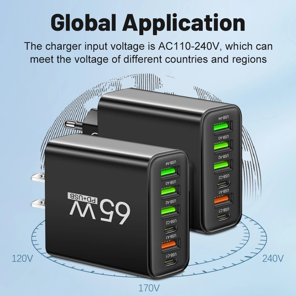 65W 6-in-1 Fast Wall Charger – 4 USB &amp; 2 Type-C Ports for iPhone, Samsung, Xiaomi, Huawei, Oppo