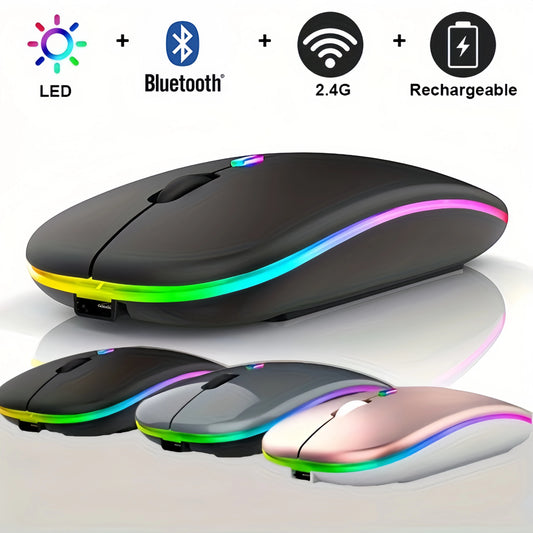 Mouse Sem Fio com Bluetooth e 2.4GHz, Recarregável, RGB, Clique Silencioso e Design Ergonômico