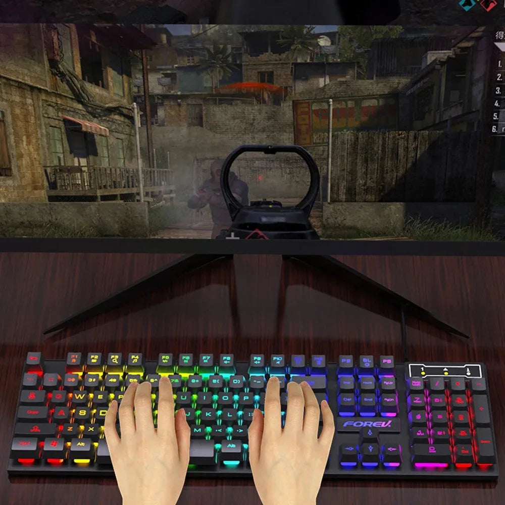 Teclado Mecânico com Iluminação 104 Teclas e Mouse Gamer USB