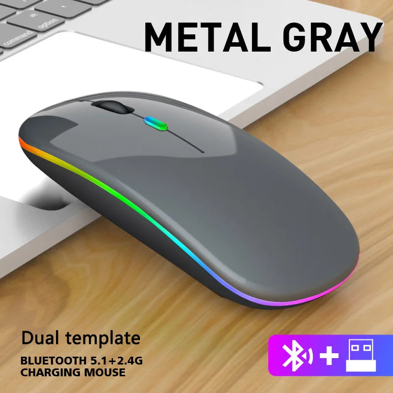 Wireless Mouse with Bluetooth and 2.4GHz, Rechargeable, RGB, Silent Click and Ergonomic Design