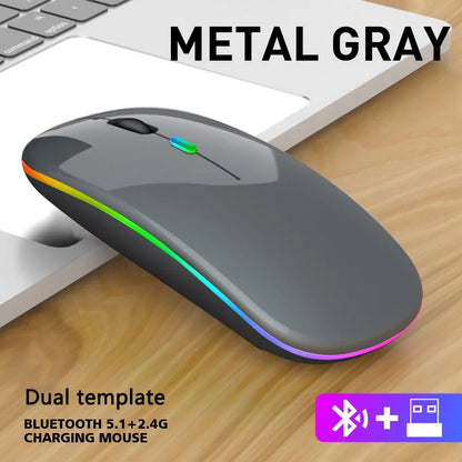 Wireless Mouse with Bluetooth and 2.4GHz, Rechargeable, RGB, Silent Click and Ergonomic Design
