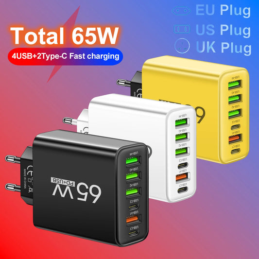 65W 6-in-1 Fast Wall Charger – 4 USB & 2 Type-C Ports for iPhone, Samsung, Xiaomi, Huawei, Oppo