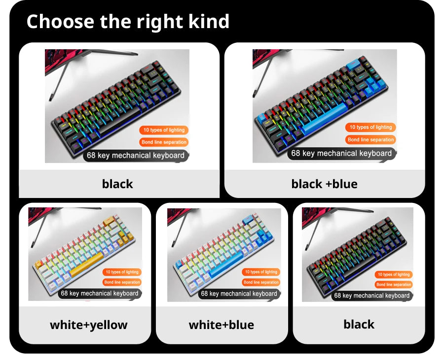 Teclado Mecânico K68 com Fio e Iluminação RGB